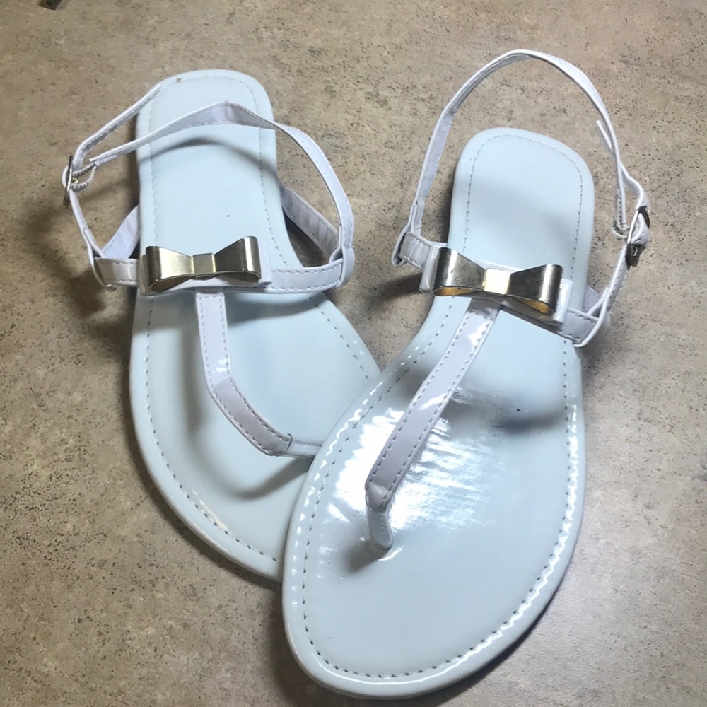 White Sandals with Gold Bow Size 6.5/7